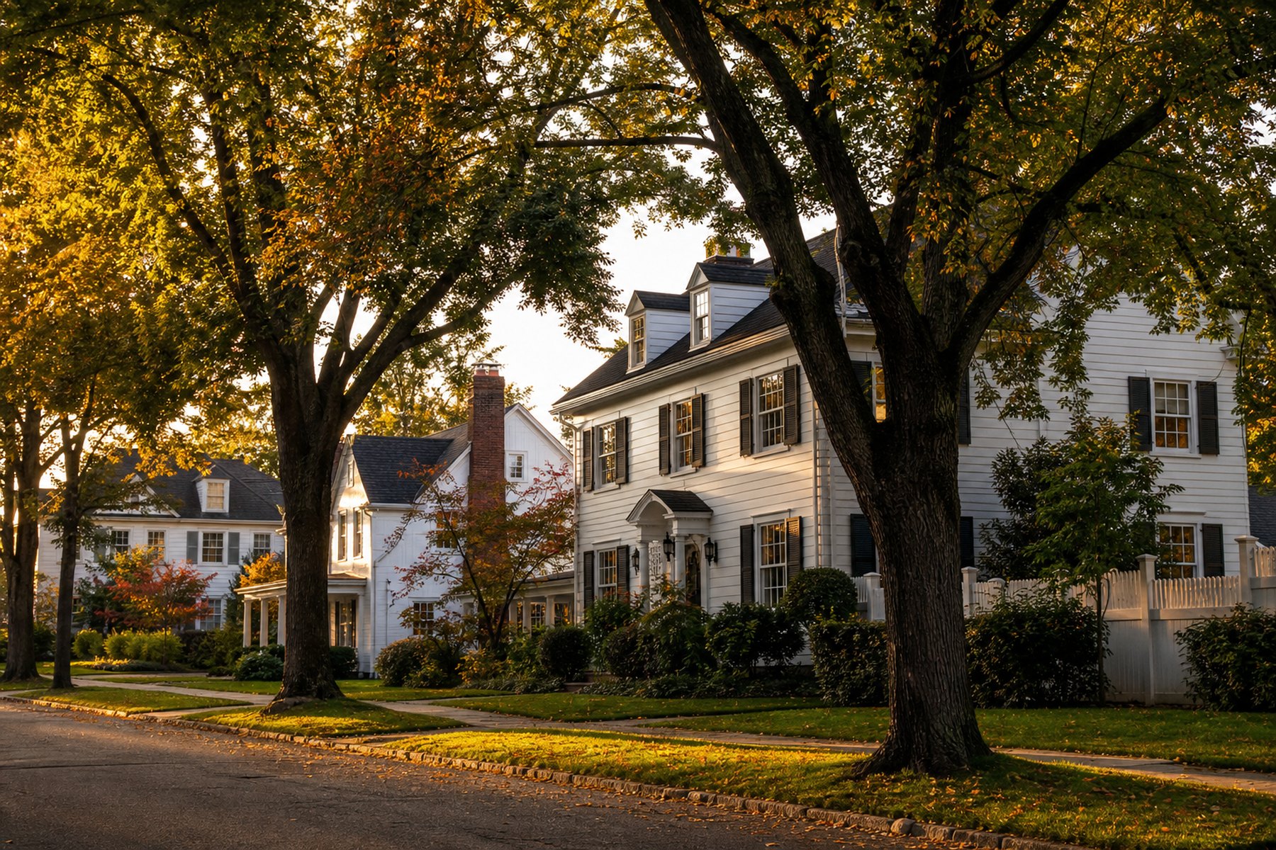 Tree-lined residential street in Glen Cove, New York, AI-generated concept imagery