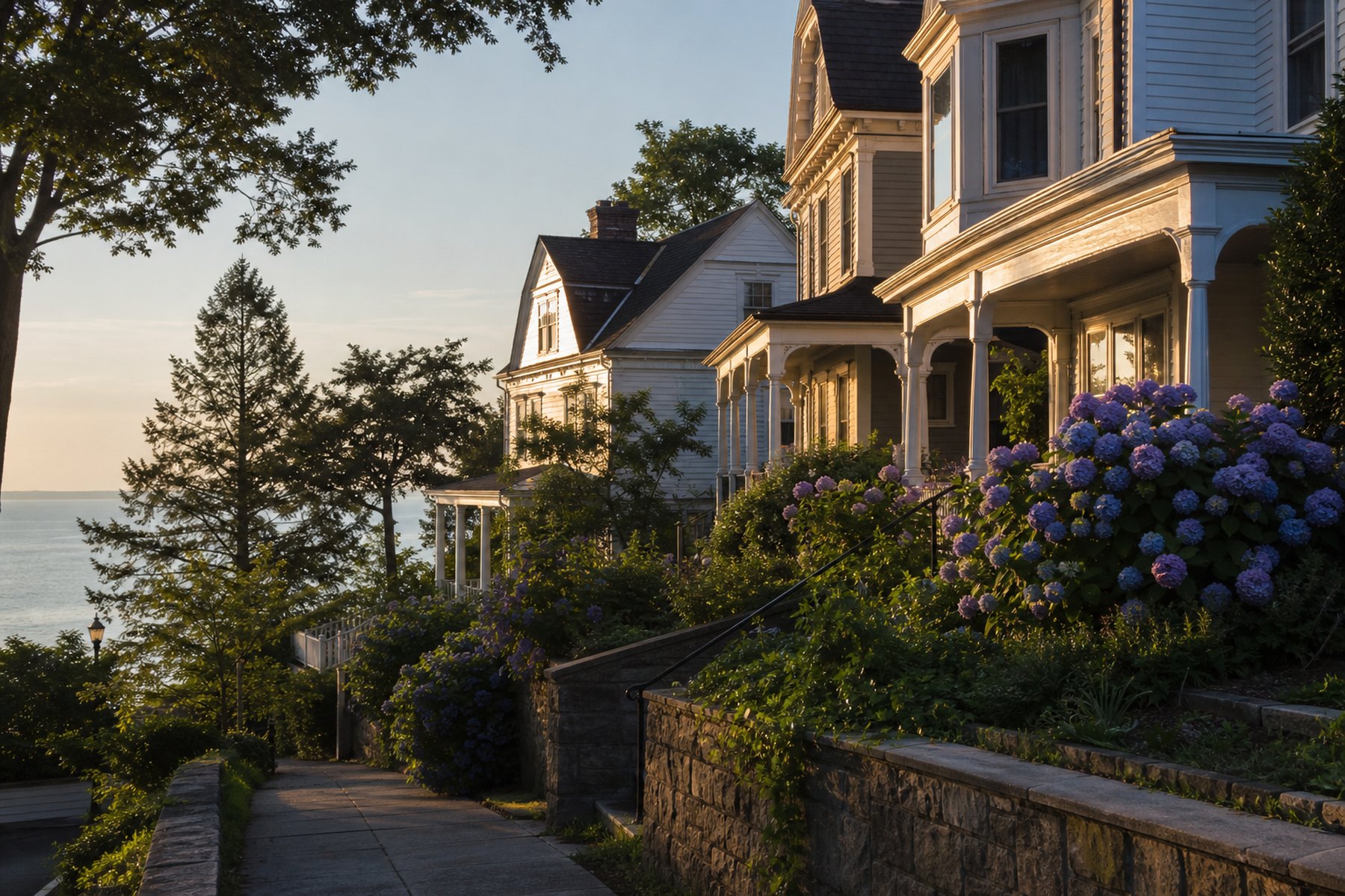 Older character homes on Long Island's North Shore, AI-generated concept imagery