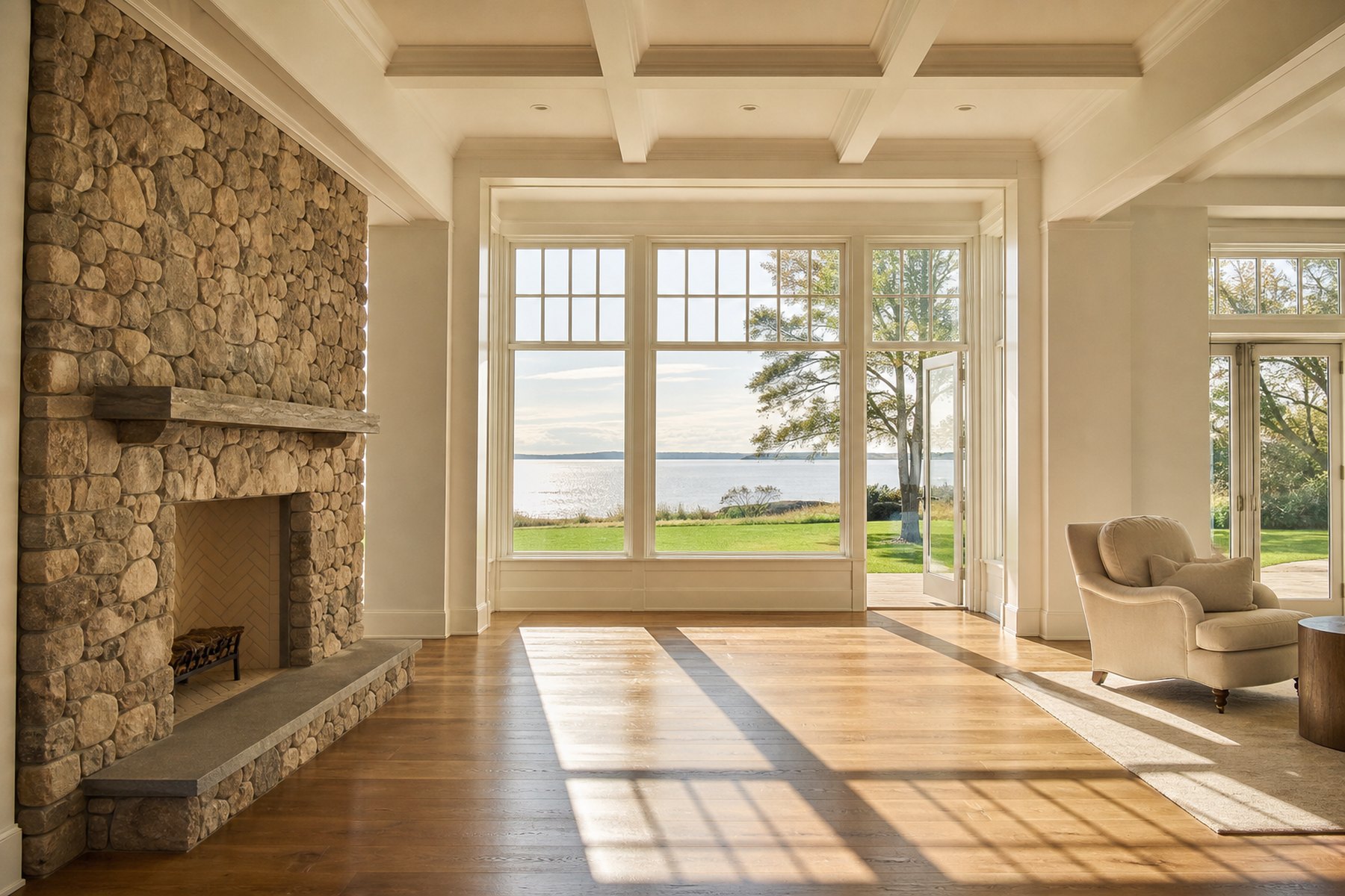 Interior of a renovated Long Island home overlooking the Sound, AI-generated concept imagery